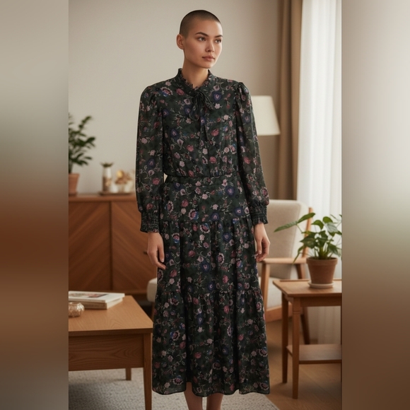 Vince Camuto Dresses & Skirts - Vince Camuto Green  Tie Neck Floral Print Longsleeve Maxi Dress Size 2